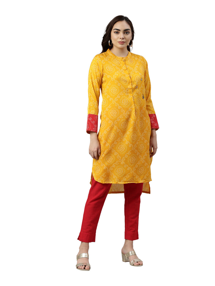 Neerus Yellow muslin solid kurta - front view