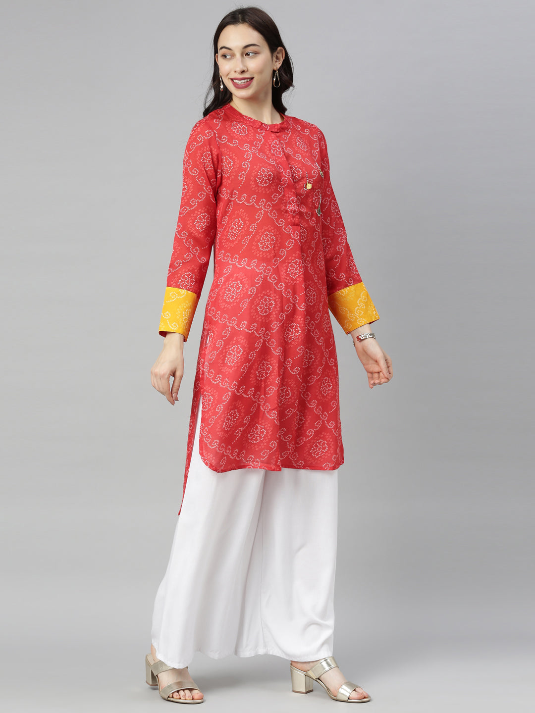 Neerus Red modal printed straight kurta - side view