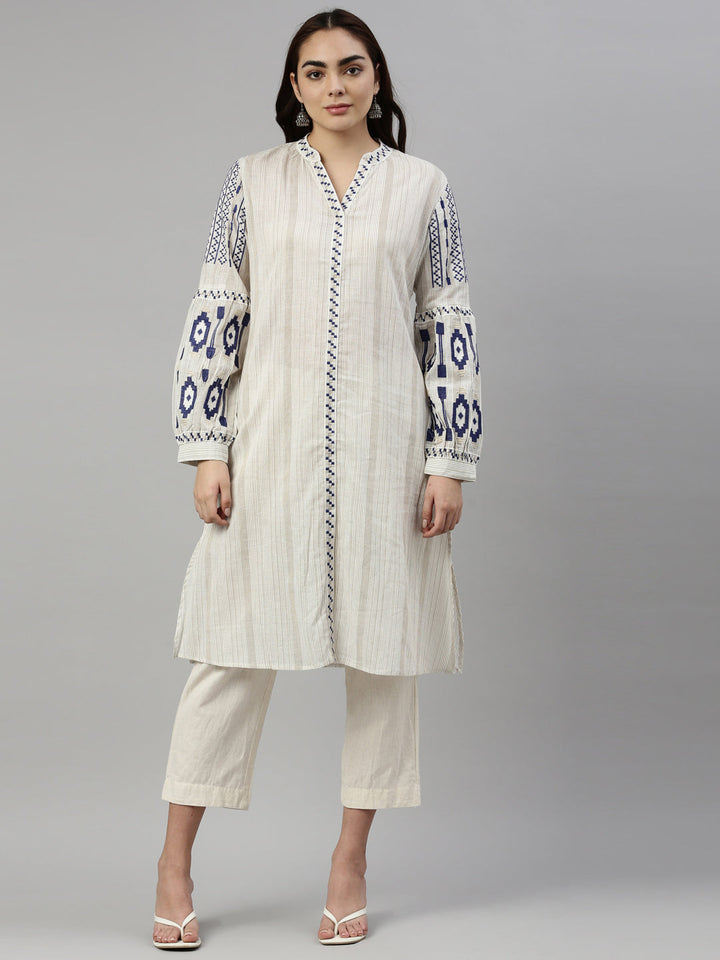 Neerus Blue cotton striped kurti - front view