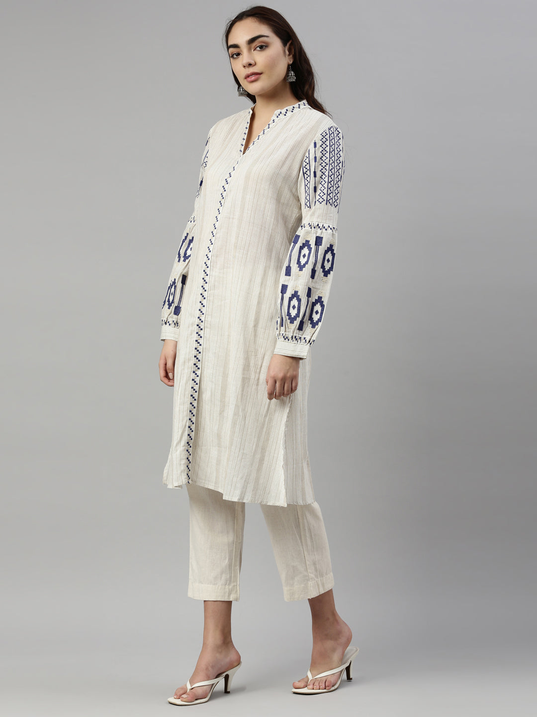 Neerus Blue cotton striped kurti - side view