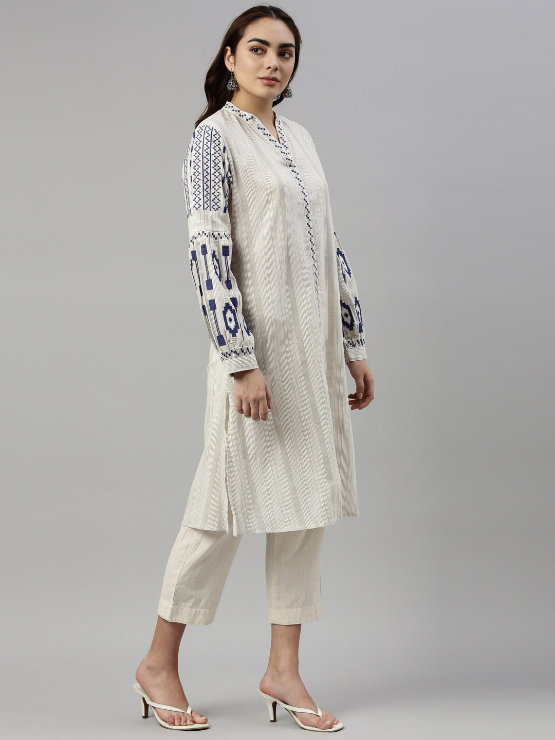 Neerus Blue cotton striped kurti - detail view 1