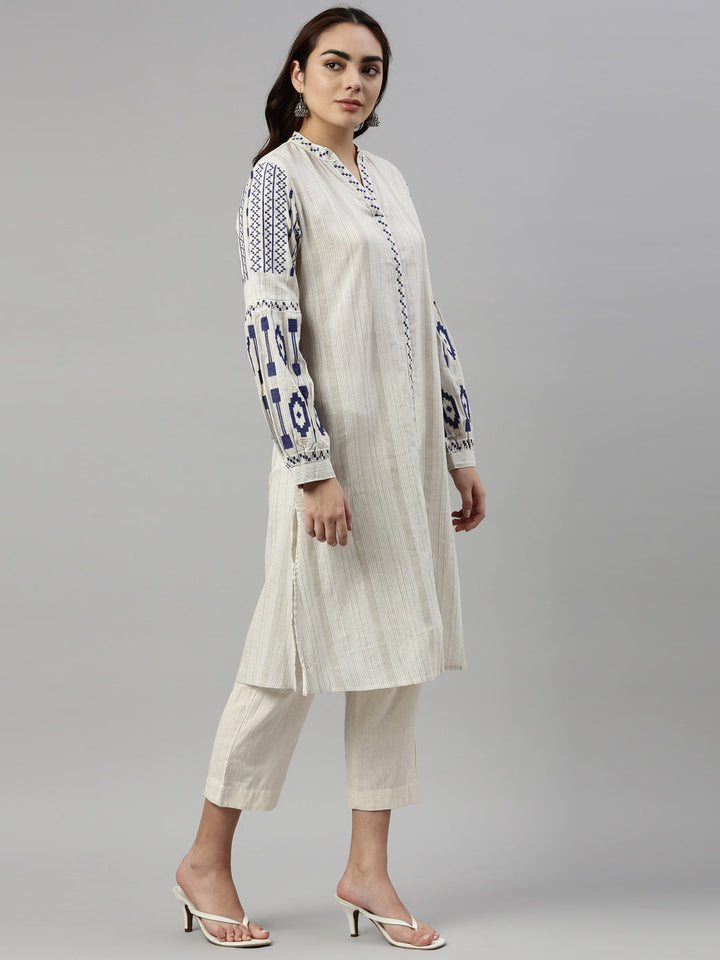 Neerus Blue cotton striped kurti - detail view 1