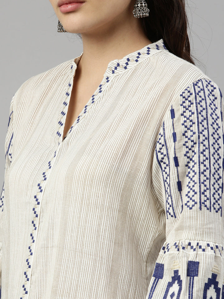Neerus Blue cotton striped kurti - detail view 5