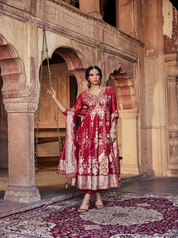 Neerus Maroon tissue embroidered anarkali suit set - front view