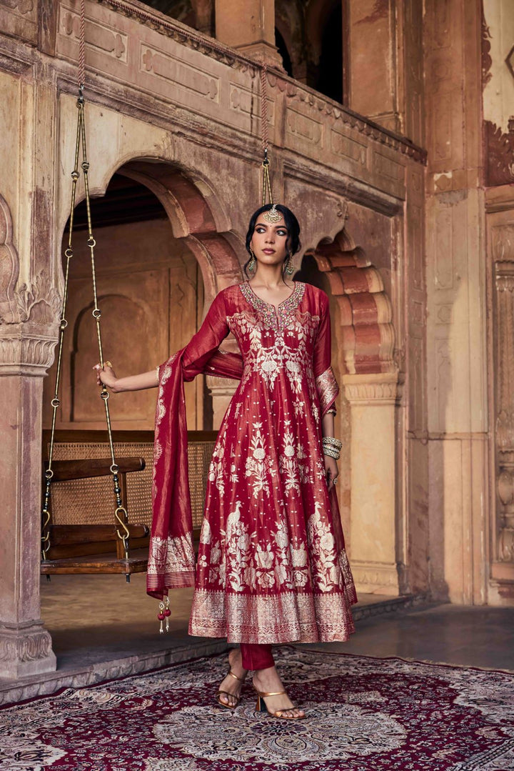 Neerus Maroon tissue embroidered anarkali suit set - back view