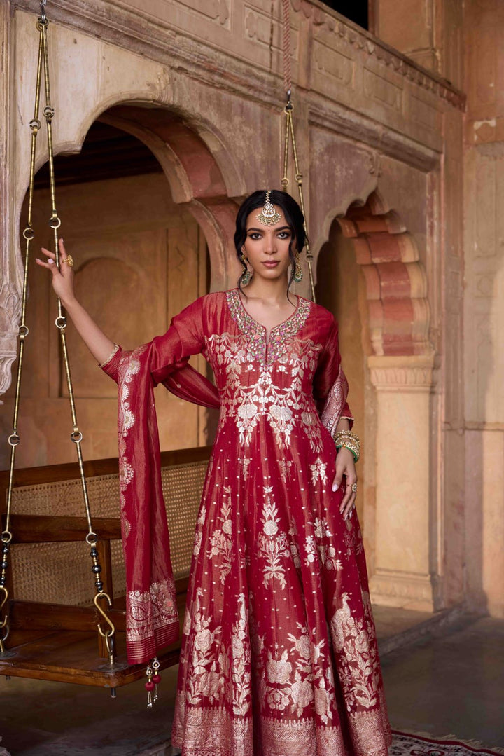 Neerus Maroon tissue embroidered anarkali suit set - side view