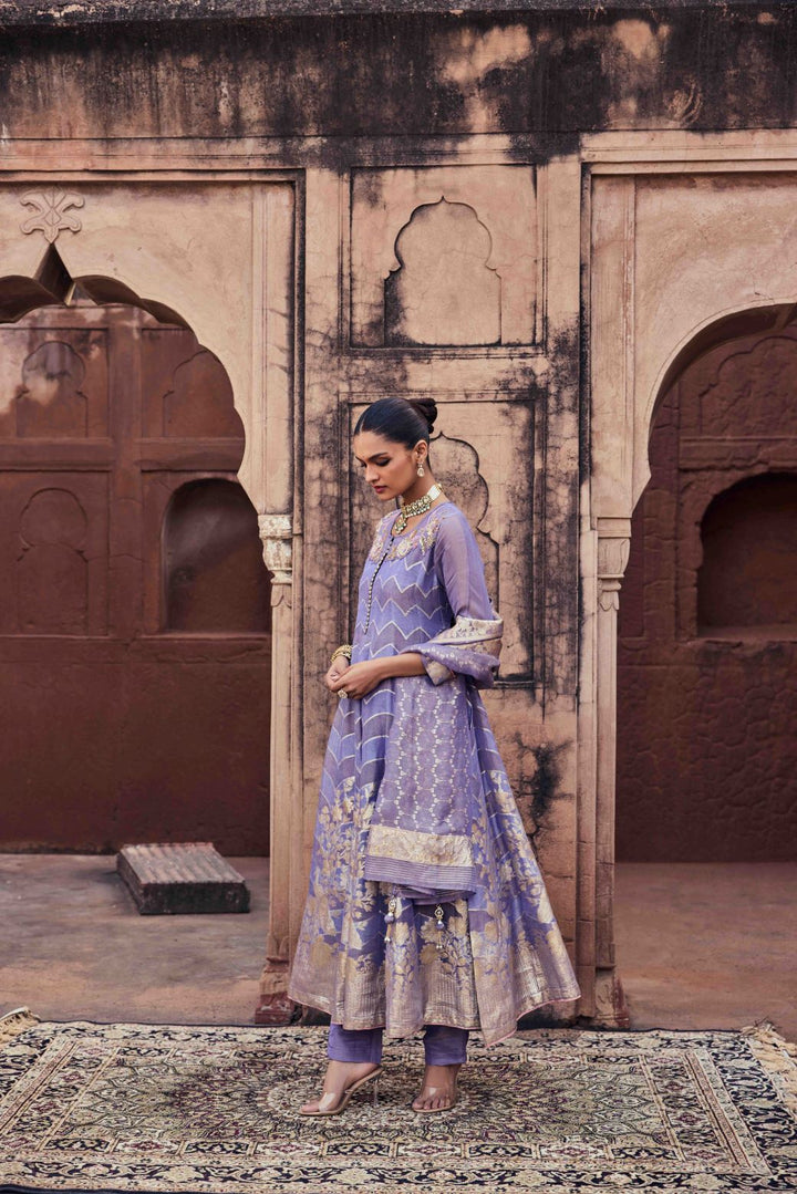 Neerus Purple tissue embellished anarkali suit set - side view