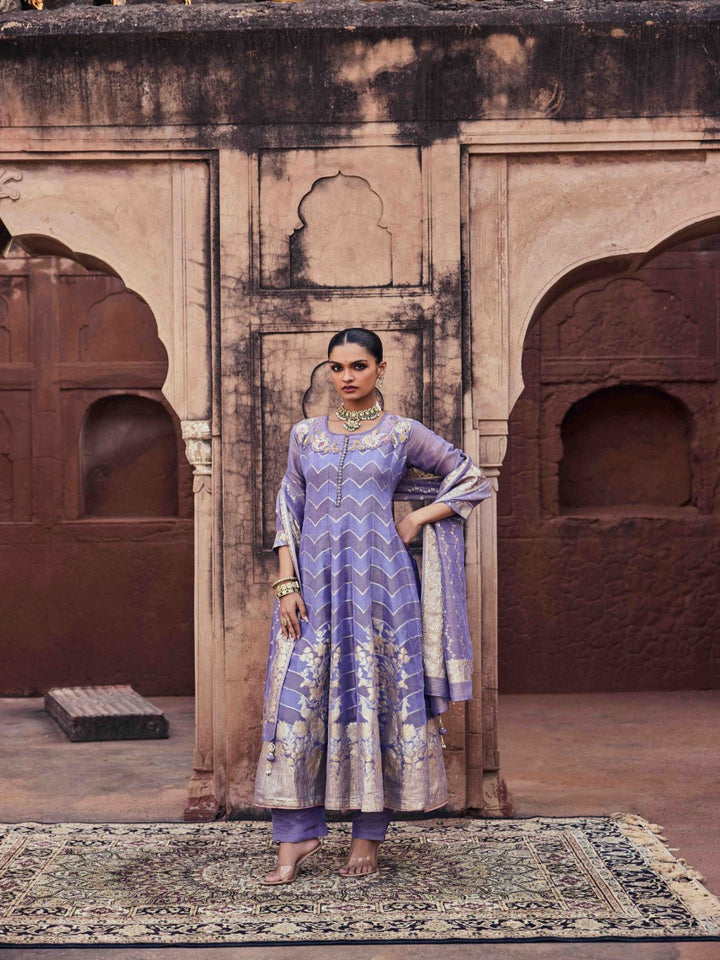 Neerus Purple tissue embellished anarkali suit set - front view