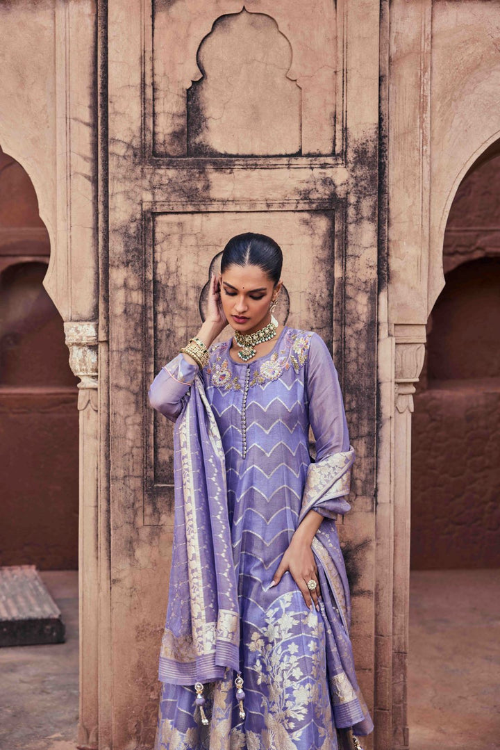 Neerus Purple tissue embellished anarkali suit set - back view
