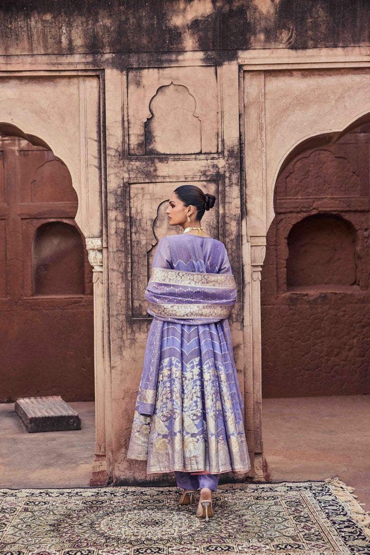 Neerus Purple tissue embellished anarkali suit set - detail view 1