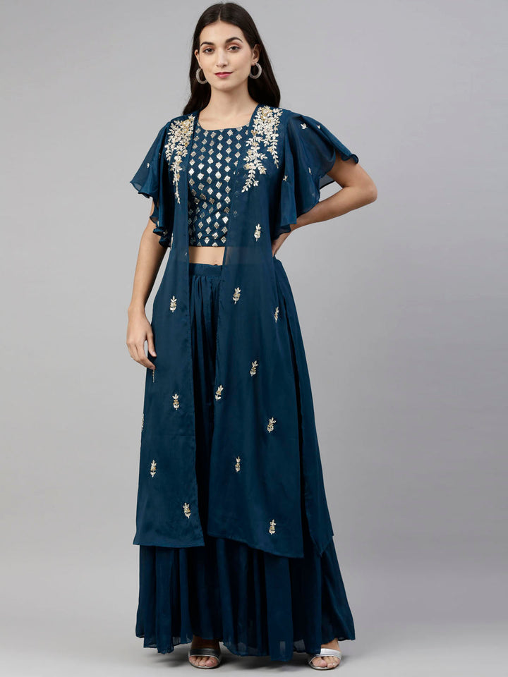 Neerus Blue Georgette Printed Suit Set - front view