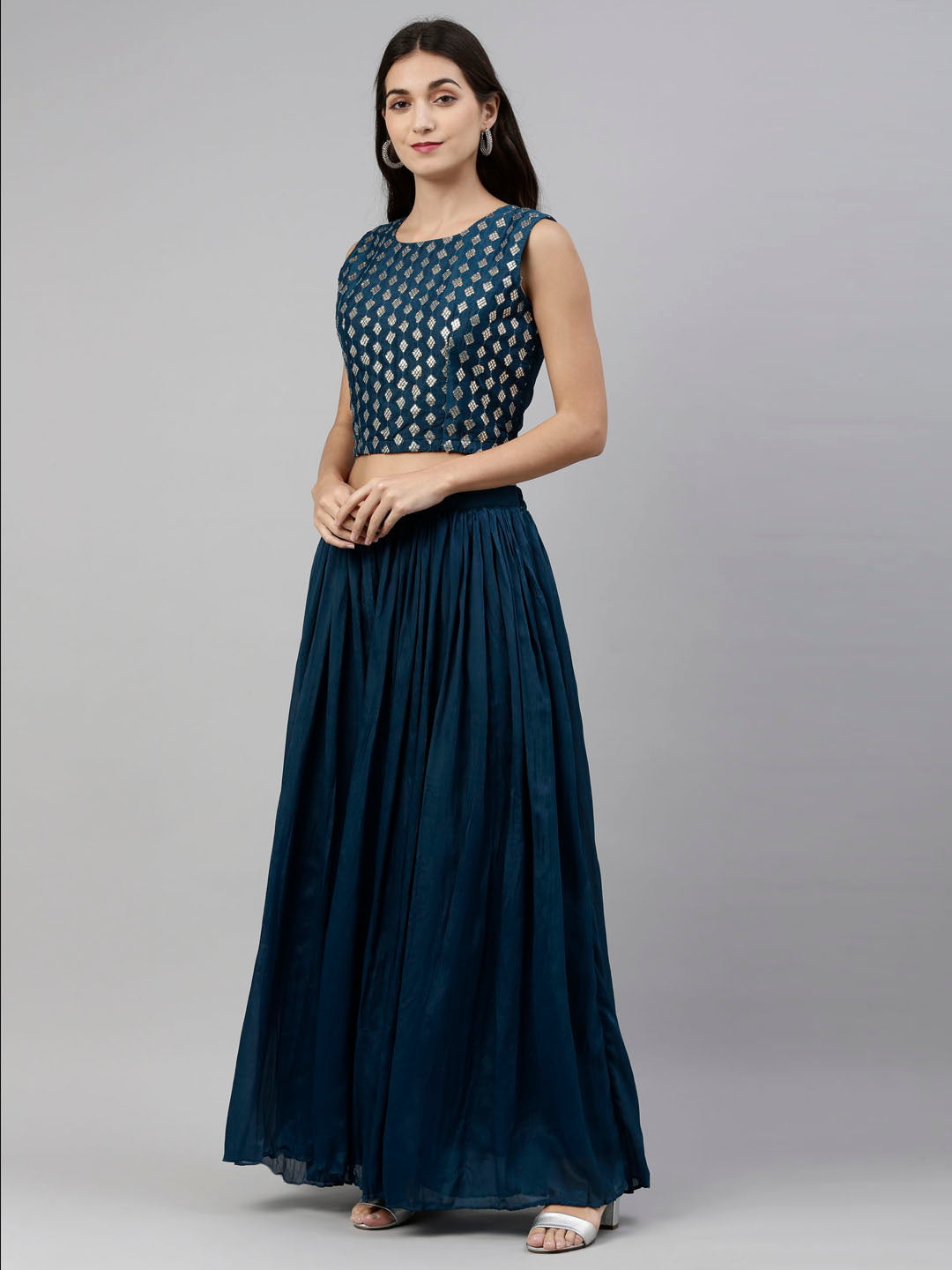 Neerus Blue Georgette Printed Suit Set - side view