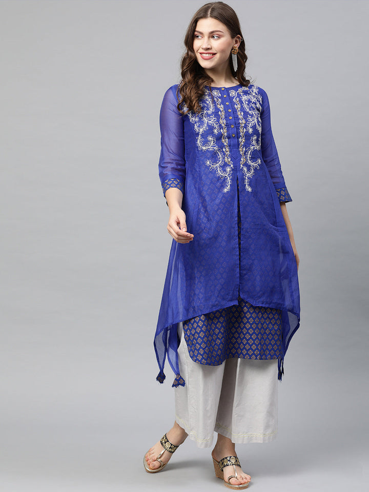 Neerus Blue Chanderi Embroidered A-Line Kurti - front view