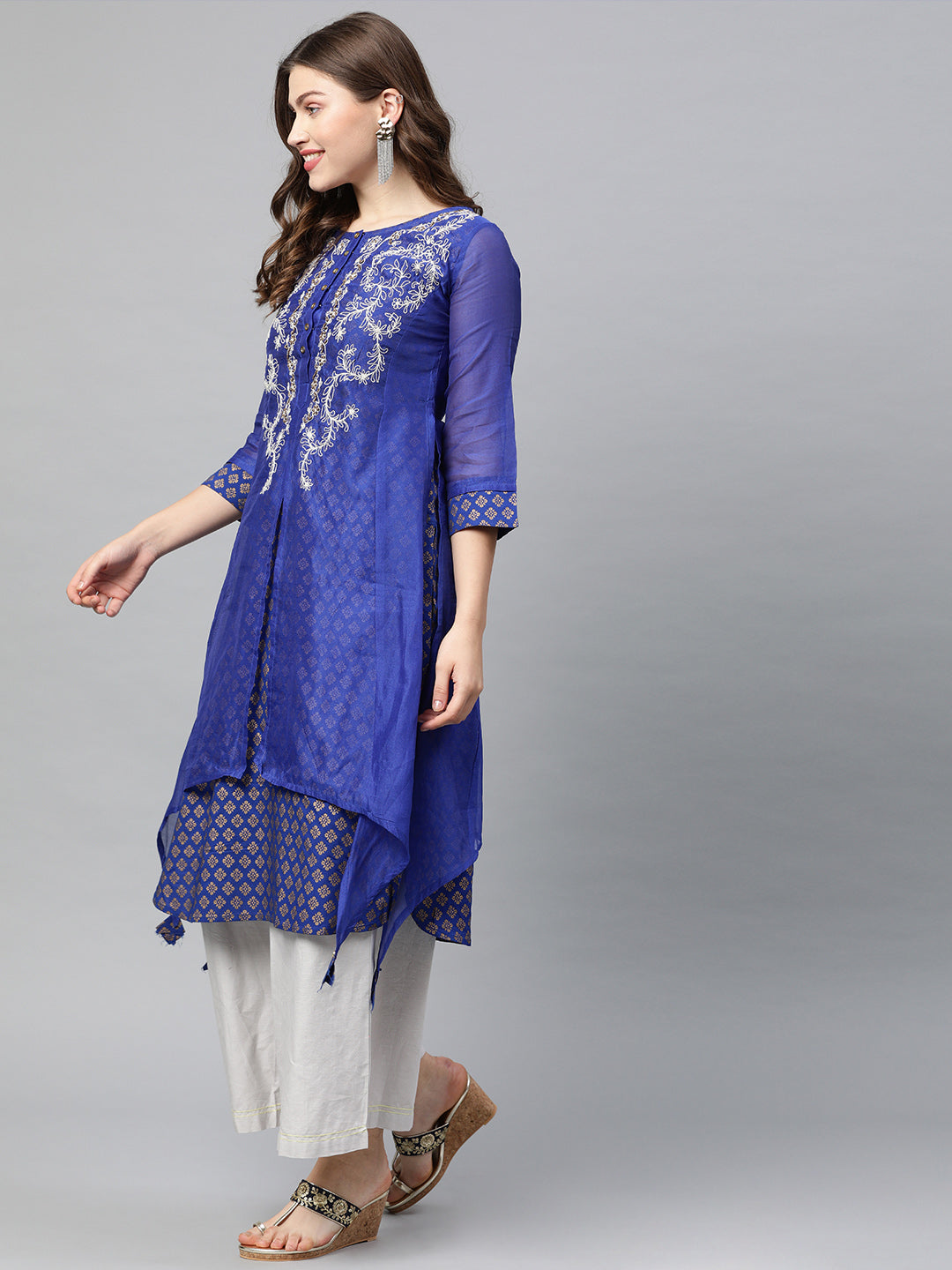 Neerus Blue Chanderi Embroidered A-Line Kurti - side view