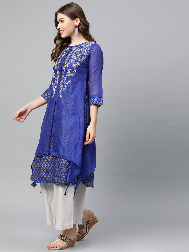 Neerus Blue Chanderi Embroidered A-Line Kurti - side view