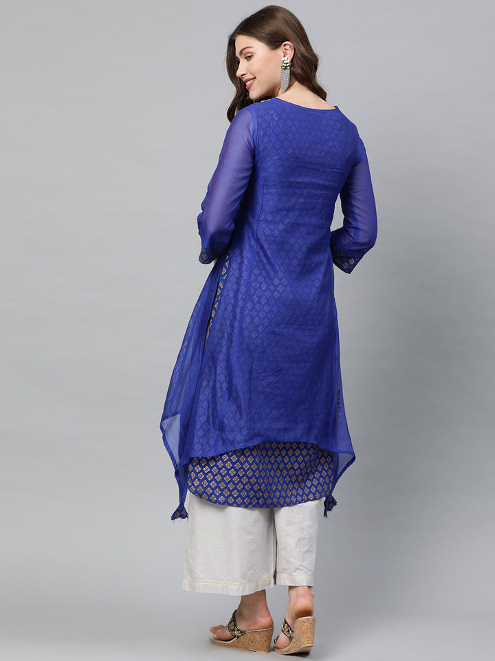 Neerus Blue Chanderi Embroidered A-Line Kurti - detail view 1