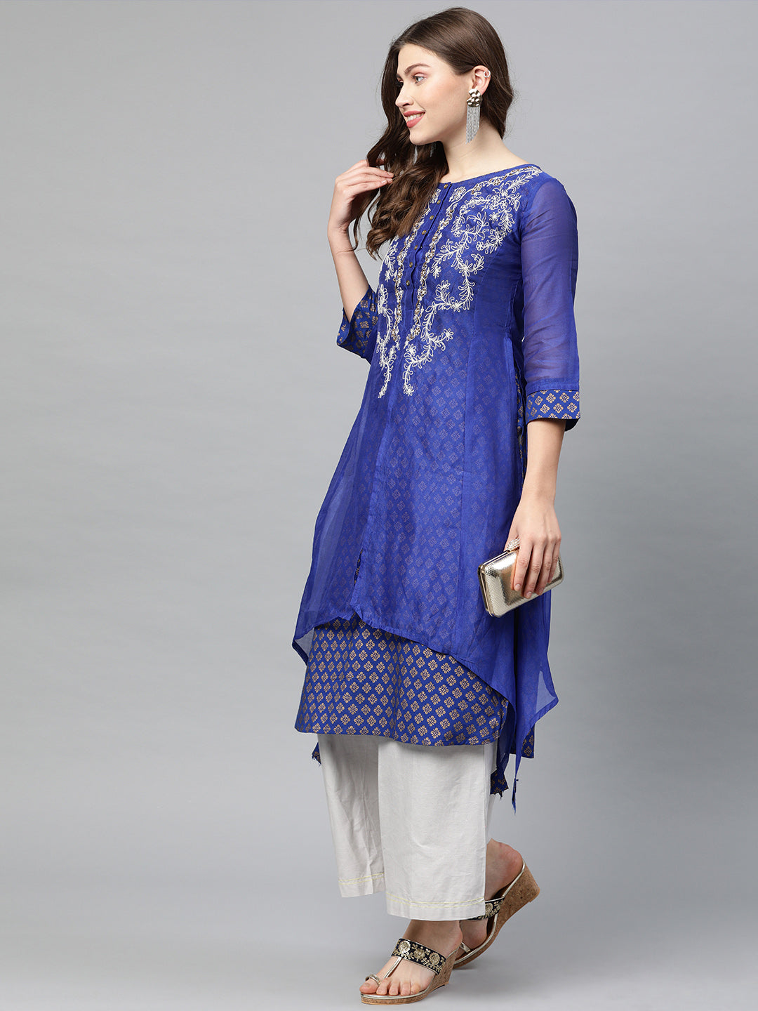Neerus Blue Chanderi Embroidered A-Line Kurti - detail view 2