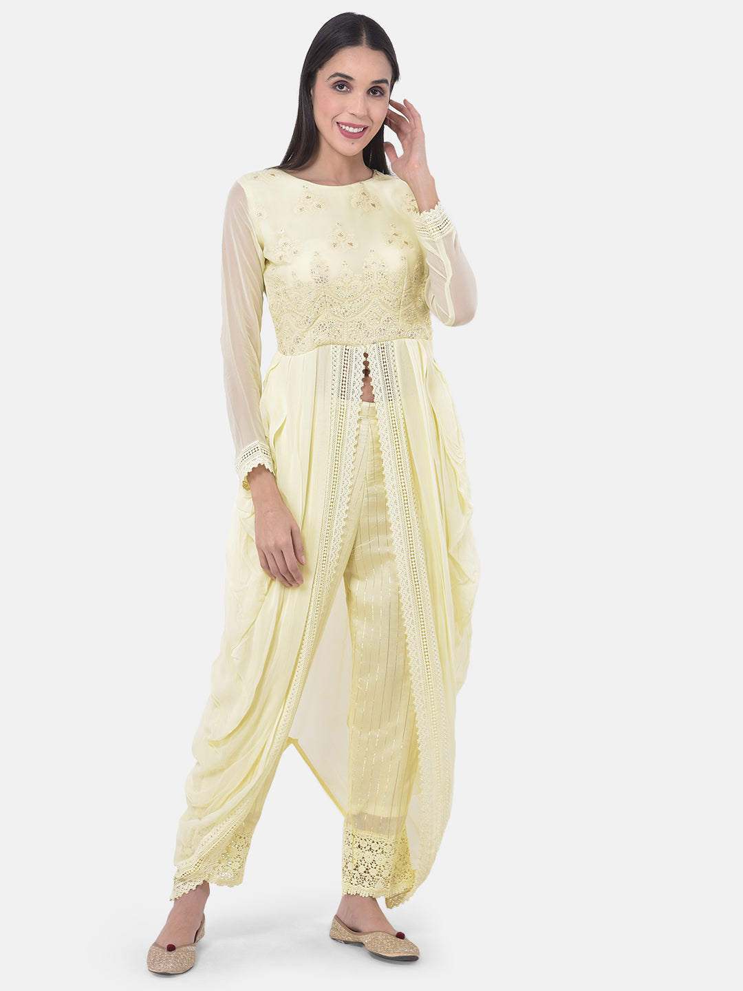 Neerus Yellow cotton embroidered kurta set - front view