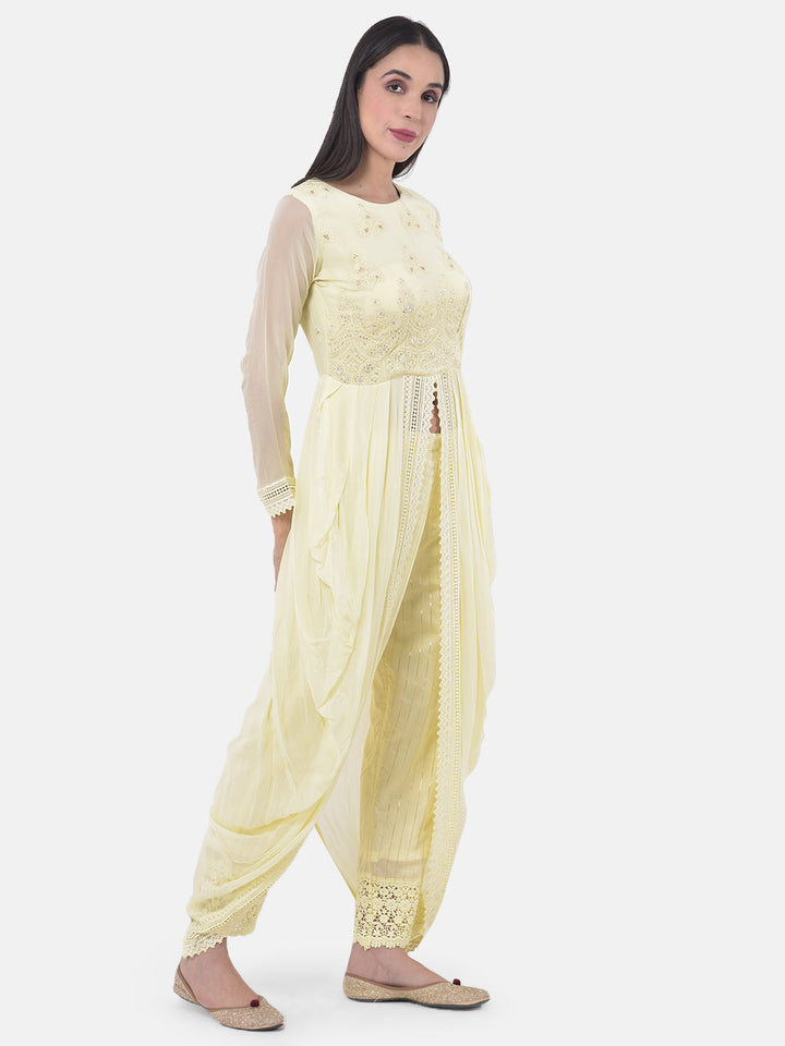 Neerus Yellow cotton embroidered kurta set - back view