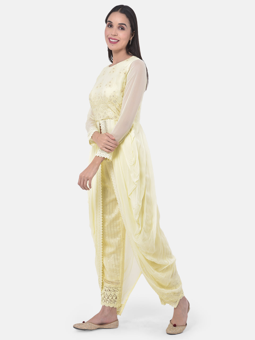 Neerus Yellow cotton embroidered kurta set - side view