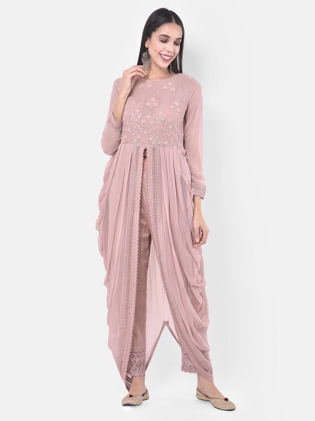 Neerus Pink Georgette Embroidered Suit Set - front view