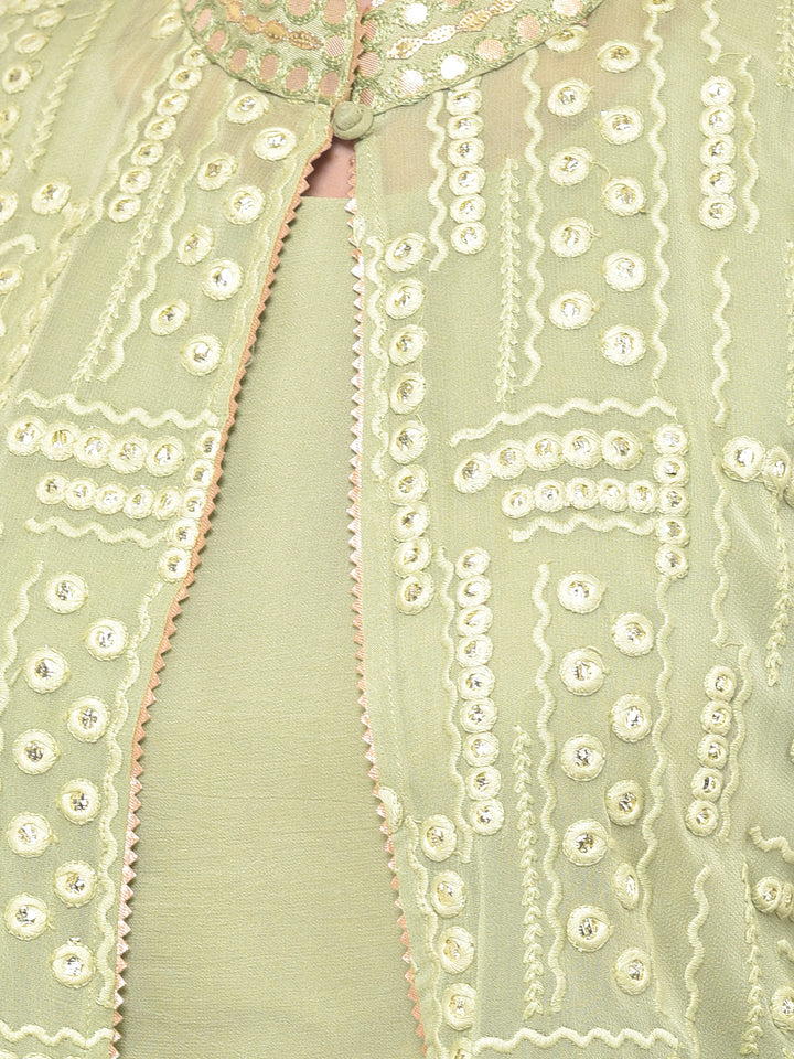 Neerus Green embroidered co-ord set with jacket and dupatta - detail view 1
