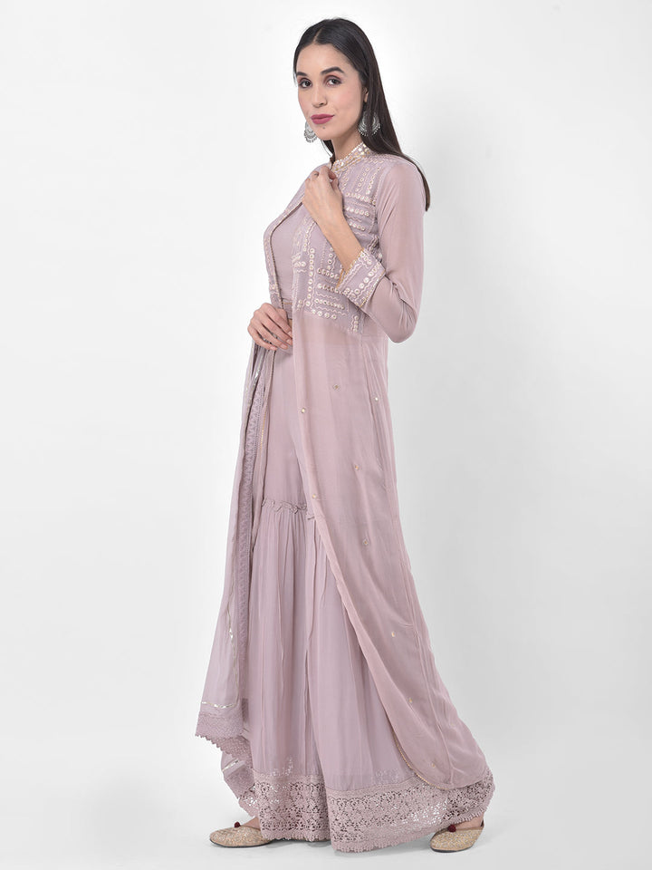 Neerus Purple embroidered sharara set with jacket - front view