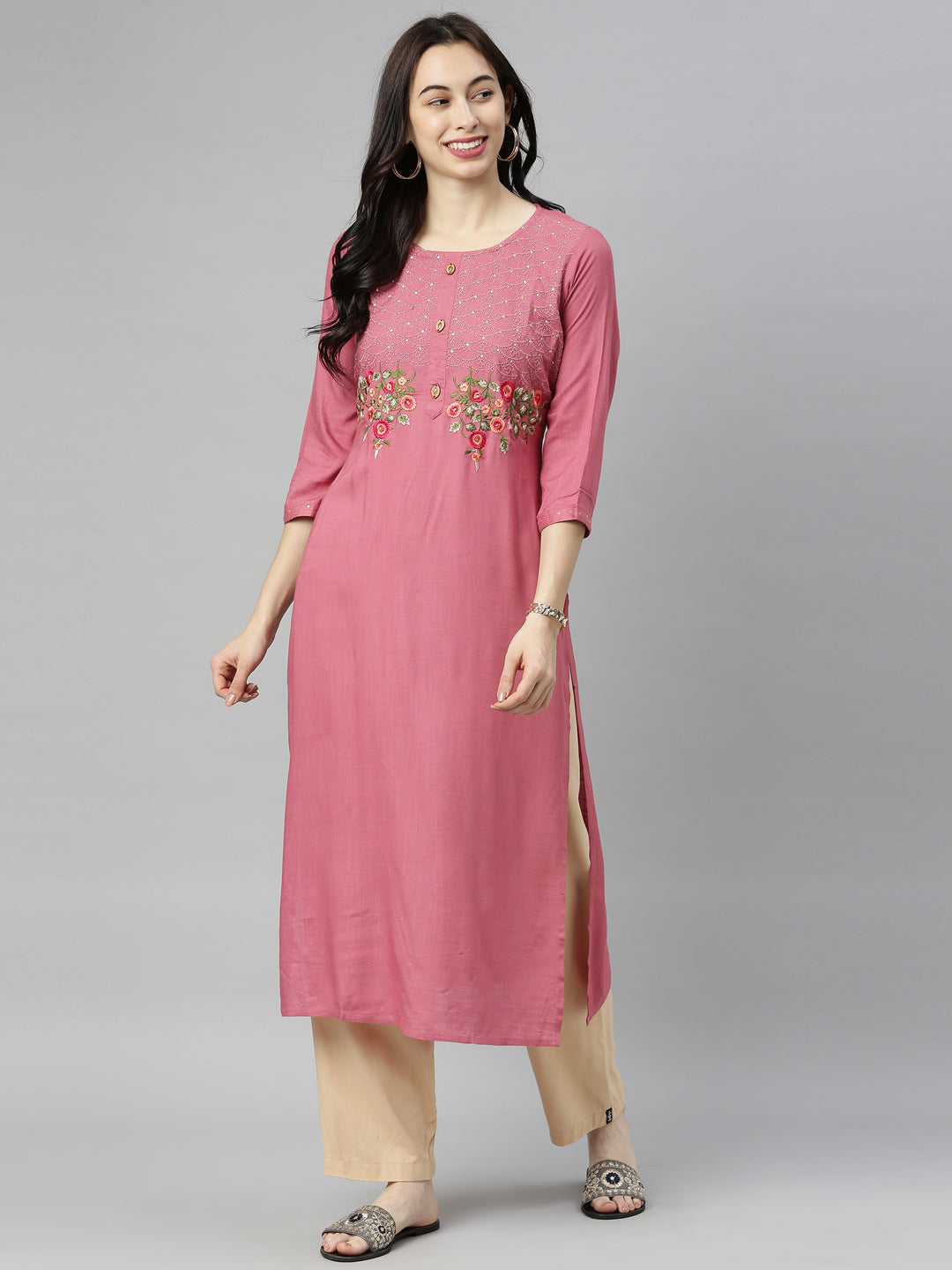 Neerus Beige rayon thread embroidered kurti - front view