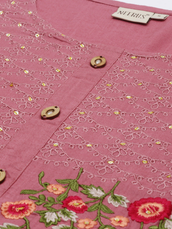 Neerus Beige rayon thread embroidered kurti - detail view 2