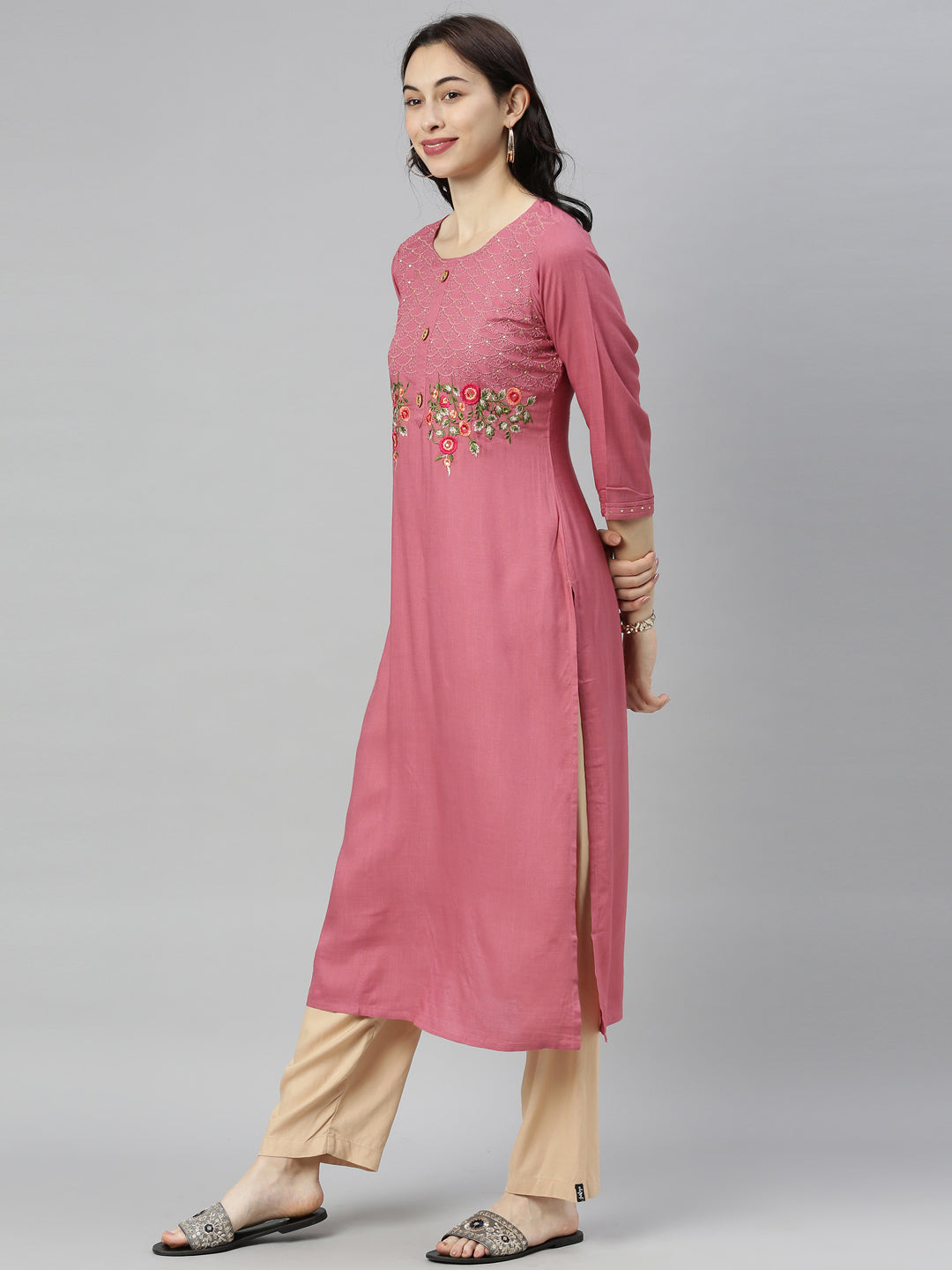 Neerus Beige rayon thread embroidered kurti - back view