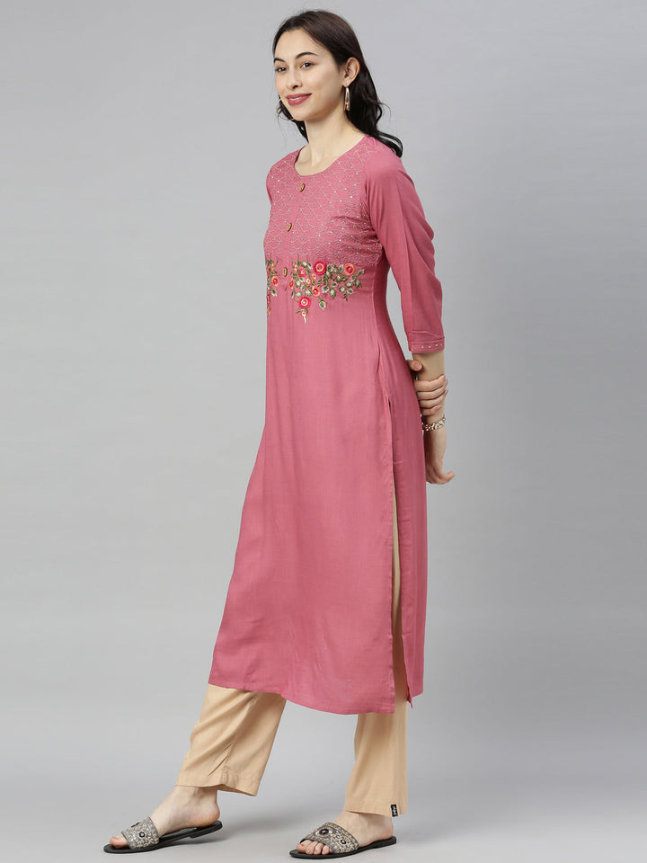 Neerus Beige rayon thread embroidered kurti - back view