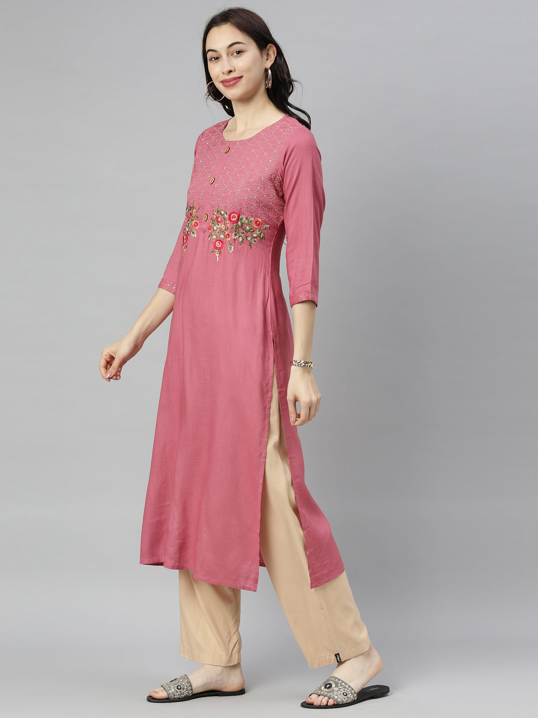 Neerus Beige rayon thread embroidered kurti - side view