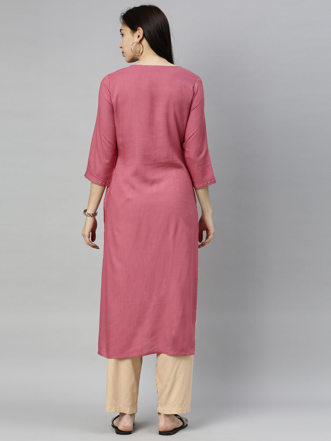 Neerus Beige rayon thread embroidered kurti - detail view 1