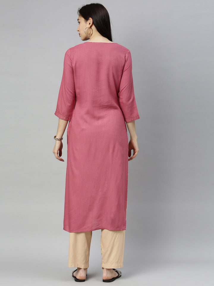 Neerus Beige rayon thread embroidered kurti - detail view 1