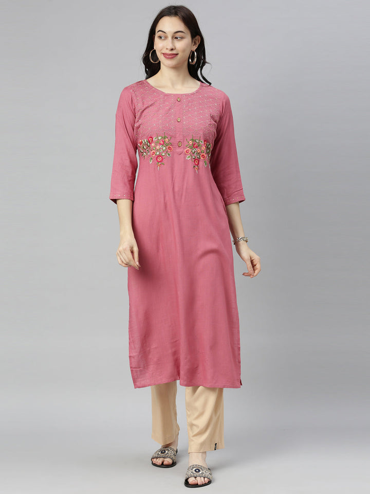 Neerus Beige rayon thread embroidered kurti - detail view 3