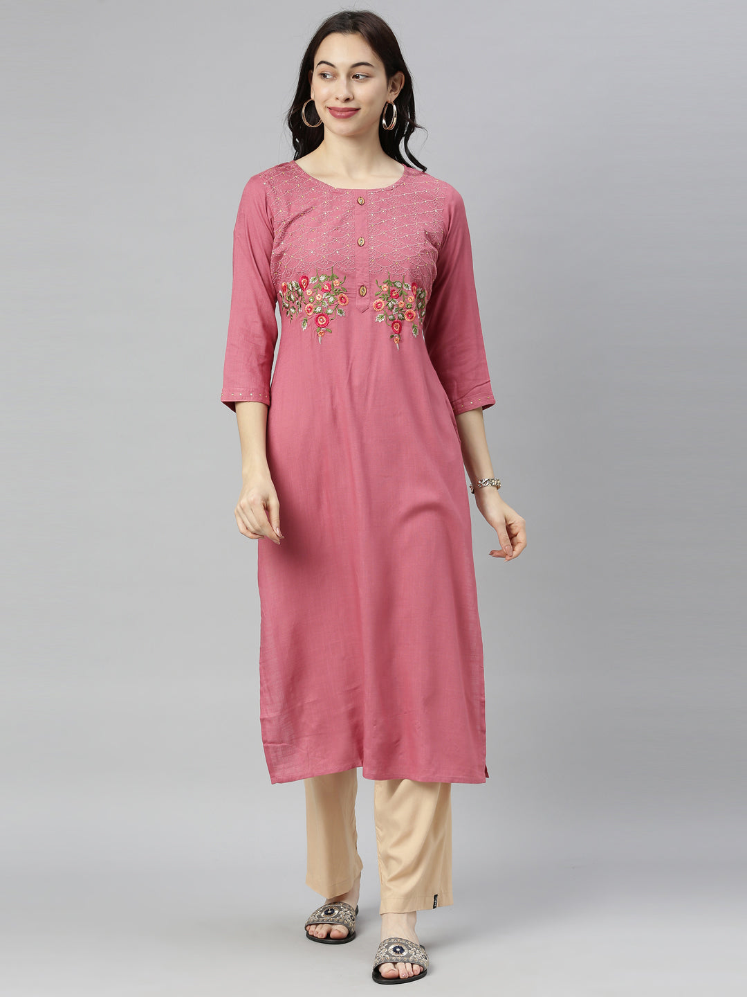 Neerus Beige rayon thread embroidered kurti - detail view 3