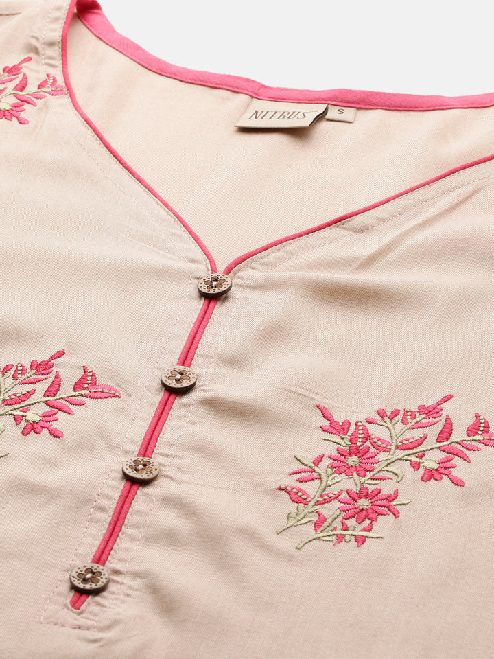 Neerus Beige rayon embroidered A-Line kurta - back view
