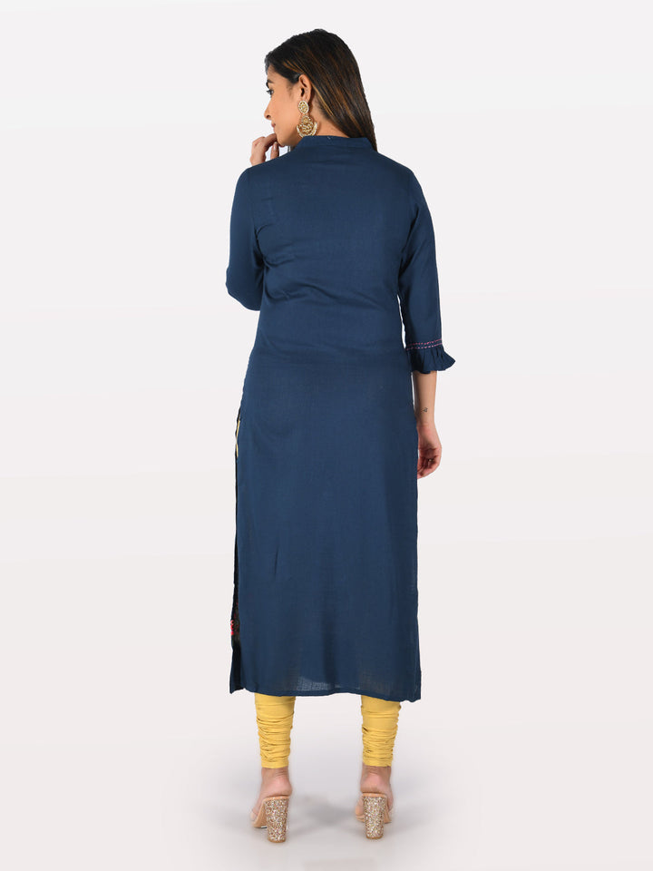 Neerus Blue rayon printed straight kurta - detail view 1