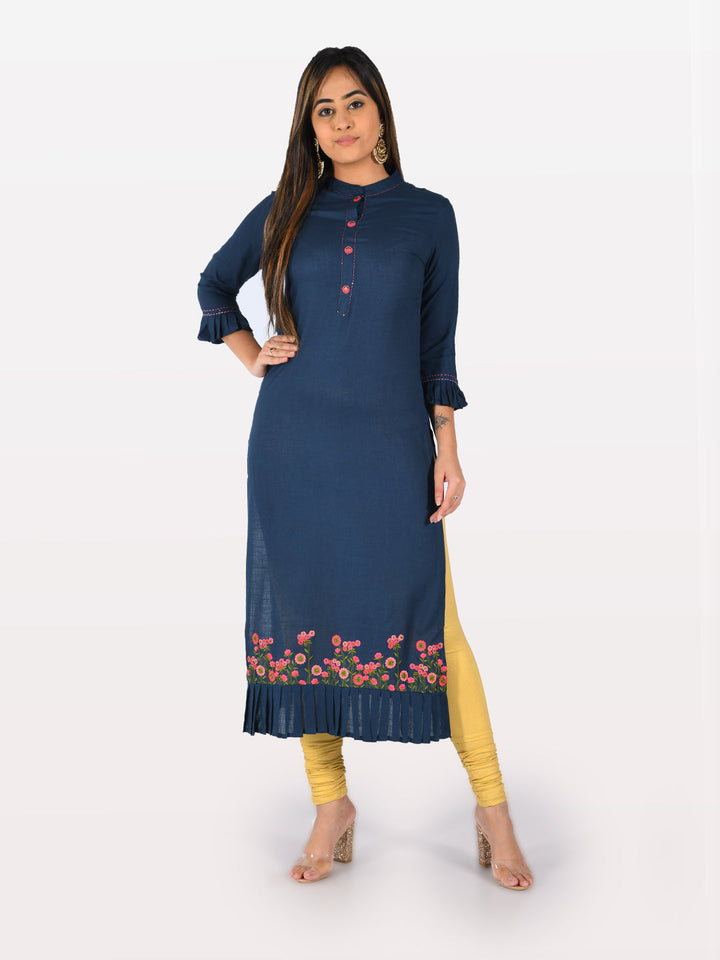 Neerus Blue rayon printed straight kurta - detail view 2