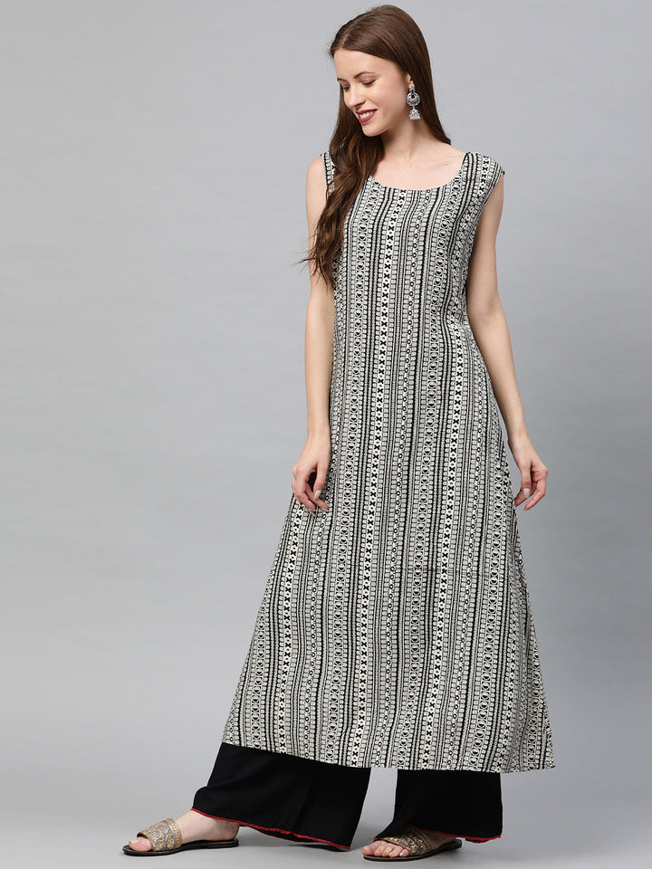 Neerus Red Chanderi woven striped A-Line kurti - detail view 1