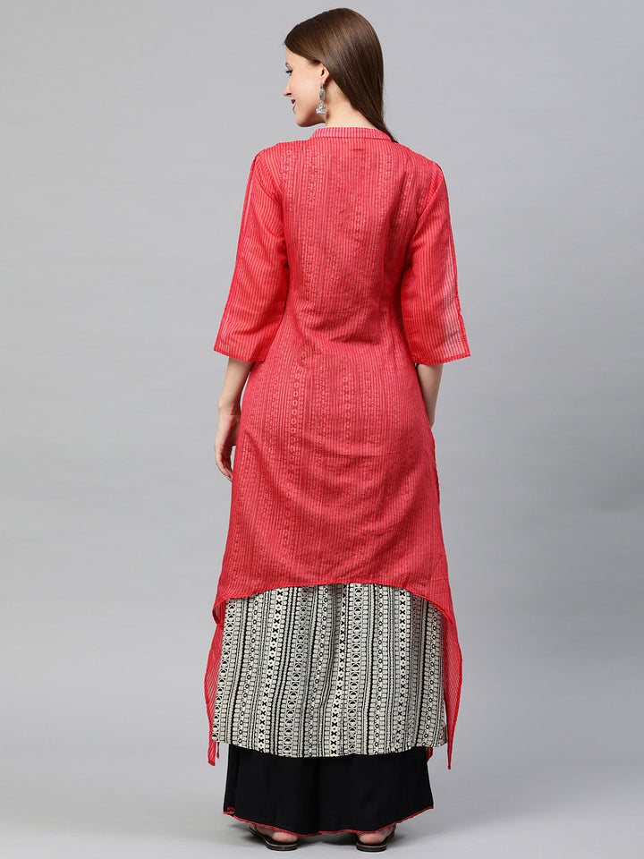 Neerus Red Chanderi woven striped A-Line kurti - detail view 2
