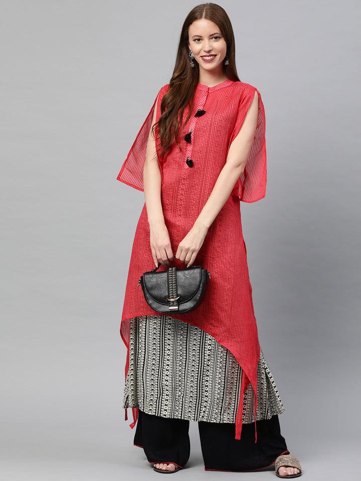 Neerus Red Chanderi woven striped A-Line kurti - detail view 3