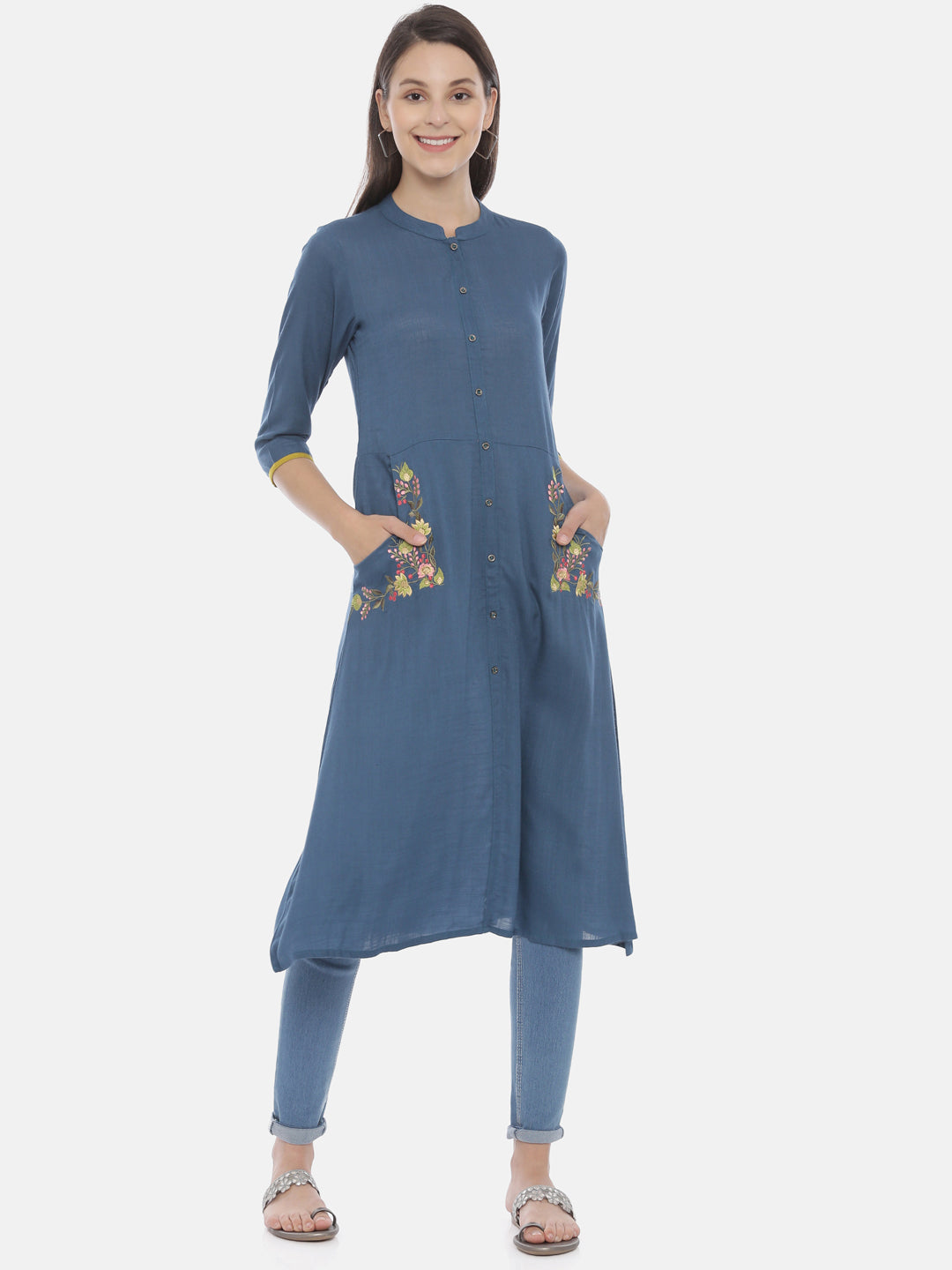 Neerus Blue embroidered A-Line kurta - front view