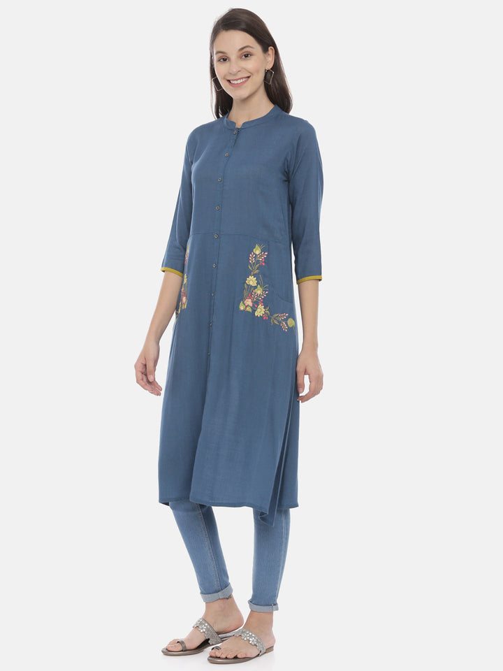Neerus Blue embroidered A-Line kurta - side view