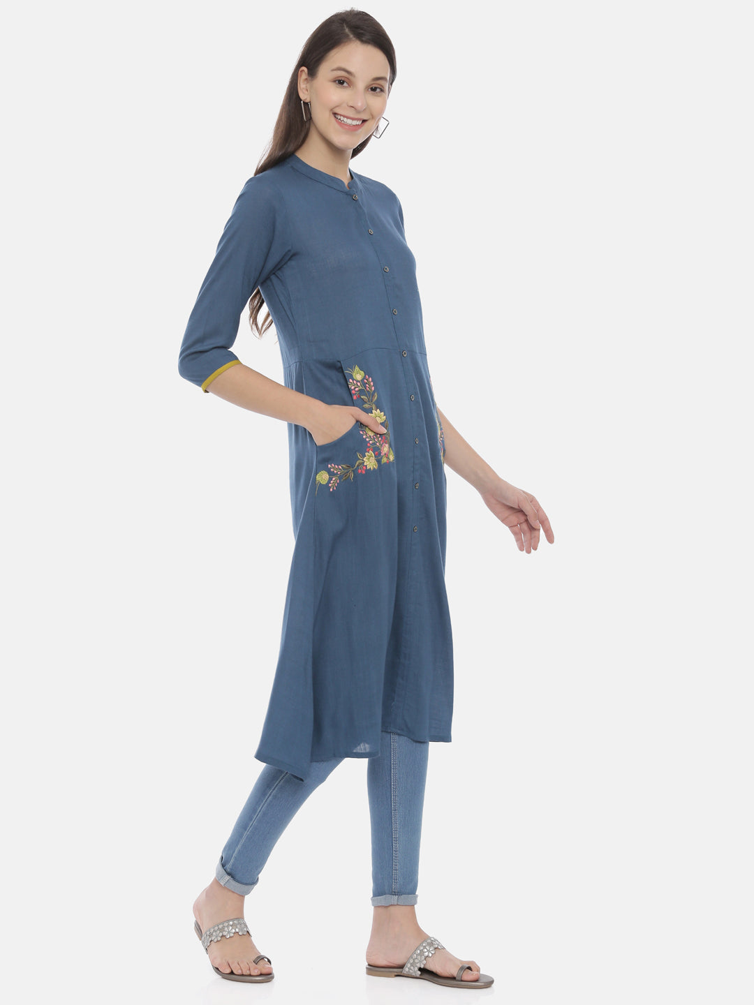 Neerus Blue embroidered A-Line kurta - detail view 1
