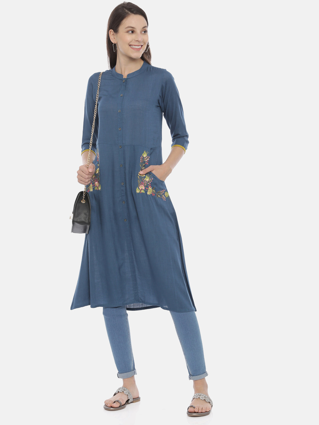 Neerus Blue embroidered A-Line kurta - detail view 3