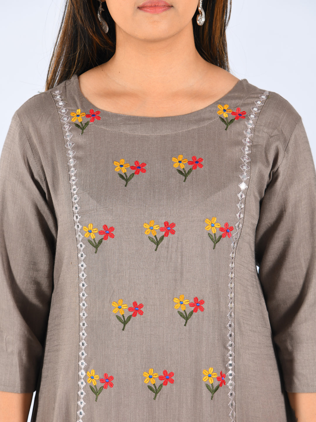 Neerus Grey viscose rayon solid kurti - detail view 2