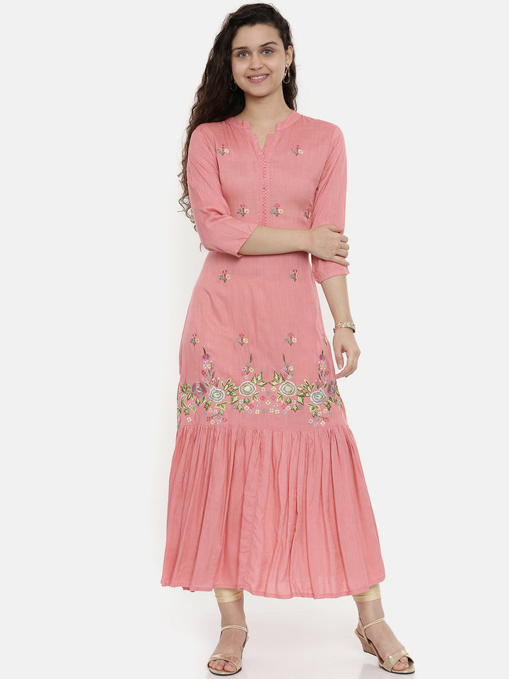 Neerus Pink rayon embroidered straight kurta - front view
