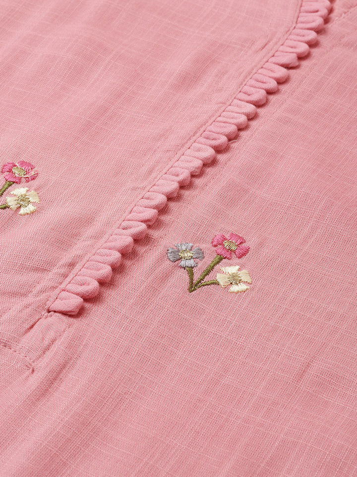Neerus Pink rayon embroidered straight kurta - side view