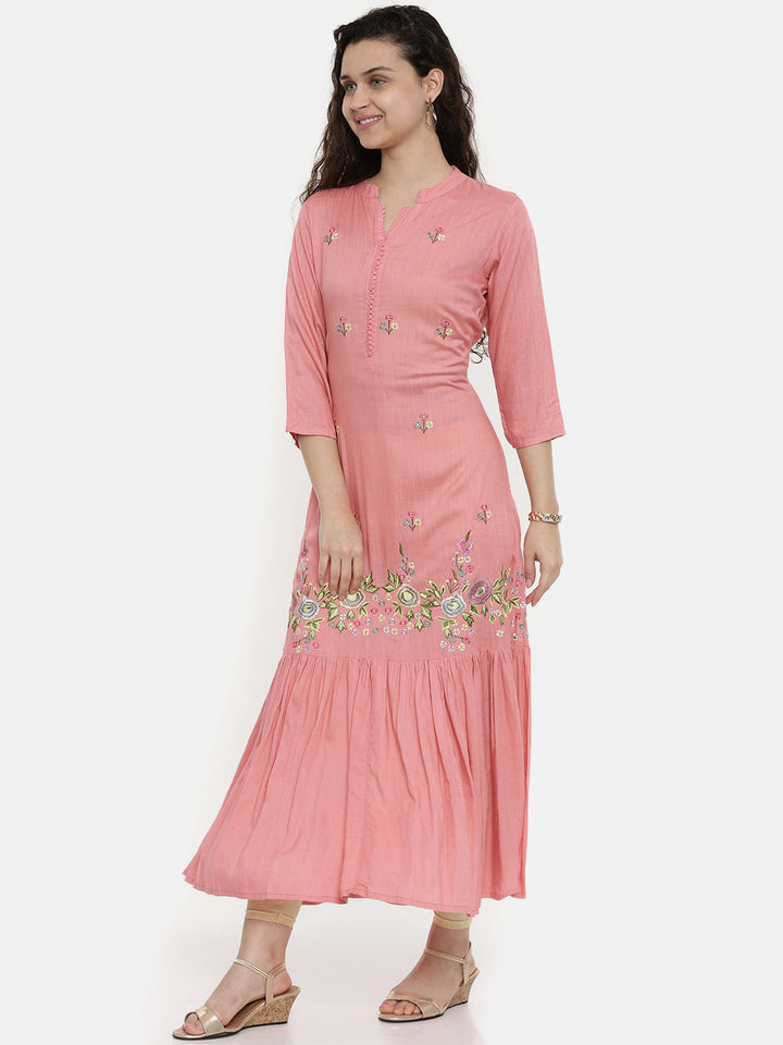 Neerus Pink rayon embroidered straight kurta - detail view 1